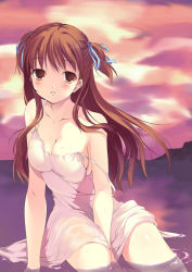 Rule 34 | 1girl, ayakaze ryuushou, between legs, blush, breasts, brown eyes, brown hair, cleavage, collarbone, dress, hair ribbon, hand between legs, lingerie, long hair, ogata rina, parted lips, ribbon, sideboob, sitting, solo, strap slip, sundress, two side up, underwear, water, wet, wet clothes, white album, white album (series)