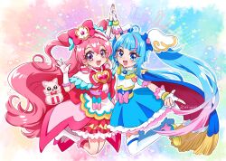 Rule 34 | 2girls, absurdres, ahoge, apron, blue eyes, blue hair, boots, bow, cape, commentary request, cure precious, cure sky, delicious party precure, detached sleeves, earrings, fingerless gloves, gloves, gradient hair, highres, hirogaru sky! precure, jewelry, kazusa hiyori, kome-kome (precure), long hair, magical girl, multicolored hair, multiple girls, nagomi yui, open mouth, pink bow, pink hair, precure, puffy detached sleeves, puffy sleeves, purple eyes, single sidelock, smile, sora harewataru, thighhighs, twintails, two-sided cape, two-sided fabric, two side up, very long hair, white gloves, white thighhighs, wing hair ornament