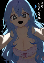 Rule 34 | 1girl, absurdres, black background, black mouth, blue hair, breasts, camisole, cleavage, commentary, crop top, crossed bangs, hair between eyes, highres, hololive, long hair, lunch boxer, medium breasts, open mouth, outstretched arms, pink camisole, pink skirt, pointy ears, polka dot camisole, pov, skirt, smile, solo, squiggle eyes, translated, very long hair, virtual youtuber, yandere, yukihana lamy