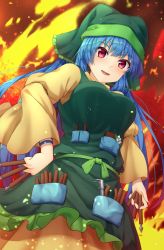 Rule 34 | 1girl, absurdres, apron, belt, blue hair, blush, bow, breasts, brown background, brush, commentary request, dress, eyes visible through hair, fire, flower, frills, gradient background, green apron, green belt, green bow, green headwear, green scarf, hair between eyes, hand on own hip, haniyasushin keiki, head scarf, highres, jewelry, juliet sleeves, large breasts, leaf, long hair, long sleeves, looking away, magatama, magatama necklace, necklace, open mouth, pocket, puffy sleeves, purple eyes, scarf, smile, solo, standing, tongue, tools, touhou, v-shaped eyebrows, white flower, wide sleeves, yellow dress, yosshy