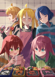 Rule 34 | 5girls, ahoge, apron, black shirt, blonde hair, blue eyes, blue hair, blue jacket, blush, bocchi the rock!, closed eyes, commentary, cube hair ornament, drink, drinking straw, female focus, food, gotoh hitori, gotoh hitori (octopus), green eyes, green hoodie, hair between eyes, hair ornament, highres, holding, holding drink, hood, hoodie, ijichi nijika, ijichi seika, jacket, kita ikuyo, long hair, long sleeves, mole, mole under eye, multiple girls, one side up, open mouth, parted lips, pink apron, pink hair, red hair, redrawn, shirasuke 0822, shirt, short hair, siblings, sisters, smile, striped clothes, striped jacket, yamada ryo