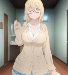 Rule 34 | 10s, 1girl, blonde hair, breasts, cleavage, female focus, glasses, highres, huge breasts, long hair, screencap, smile, solo, stitched, sunohara ayaka, sunoharasou no kanrinin-san, third-party edit