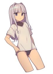 Rule 34 | 1girl, :/, black leotard, blue eyes, blunt bangs, breasts, cowboy shot, cropped legs, everyntrge, female focus, grey hair, hair intakes, hand on own hip, leotard, leotard under clothes, long hair, looking at viewer, no pants, original, shirt, simple background, small breasts, solo, standing, t-shirt, white background, white shirt