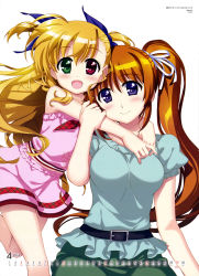 Rule 34 | 10s, 2016, 2girls, :d, absurdres, age difference, belt, blonde hair, blush, brown hair, calendar, dated, family, female focus, fujima takuya, hair ornament, happy, heterochromia, highres, hug, long hair, looking at viewer, lyrical nanoha, mahou shoujo lyrical nanoha, mahou shoujo lyrical nanoha vivid, mother and daughter, multicolored eyes, multiple girls, official art, open mouth, ponytail, puffy sleeves, purple eyes, short sleeves, side ponytail, smile, takamachi nanoha, two side up, very long hair, vivio