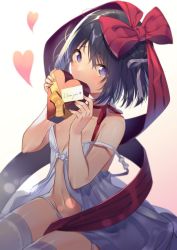Rule 34 | 1girl, babydoll, black hair, blush, bow, box, cowboy shot, garter straps, gift, gift box, hair bow, heart-shaped box, holding, holding gift, looking at viewer, natasha (pommier), navel, original, short hair, sitting, solo, thighhighs, underwear, underwear only, valentine, white thighhighs