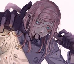 Rule 34 | 1boy, black gloves, blood, blood on clothes, blood on face, blue eyes, earrings, gloves, hair tie in mouth, hand up, highres, holding, holding weapon, jacket, jewelry, kaya lily, lead pipe, long hair, male focus, mouth hold, over shoulder, pink hair, reaching, reaching towards viewer, sanzu haruchiyo, simple background, solo, teeth hold, tokyo revengers, upper body, weapon, white background, white jacket