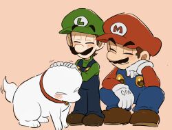 Rule 34 | 2boys, blue eyes, blue overalls, brown hair, facial hair, gloves, green shirt, hat, highres, luigi, luigi&#039;s mansion, luigi&#039;s mansion 3, male focus, mario, mario (series), mimimi (mimimim9999), multiple boys, mustache, nintendo, overalls, polterpup, red hat, shirt, short hair, white gloves