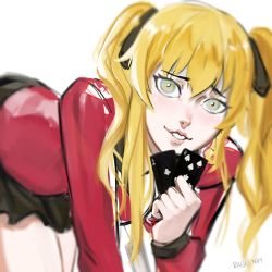 Rule 34 | 1girl, ace (playing card), ace of clubs, blonde hair, club (shape), gambler club, hair between eyes, hair ornament, highres, kakegurui, looking at viewer, playing card, saotome mary, simple background, smile, solo, uniform, white background