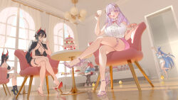 Rule 34 | &gt; &lt;, 5girls, alternate costume, ankle boots, artist name, ass, azur lane, black dress, black footwear, black hair, black jacket, black thighhighs, blue hair, blue shirt, boots, breasts, bremerton (azur lane), brown footwear, cake, casual, center frills, chair, chocolate, chocolate fondue, chocolate fountain, cleavage, closed eyes, criss-cross halter, crossed legs, cup, curtains, denim, denim shorts, dessert, detached sleeves, dress, drinking, flower-shaped pupils, food, friedrich der grosse (azur lane), frills, from behind, from below, from side, fruit, grey sweater, hair between eyes, hair ornament, halterneck, high heel boots, high heels, highres, holding, holding cup, horns, huge breasts, indoors, jacket, jacket on shoulders, lamp, large breasts, leaning forward, legs, light purple hair, long hair, long sleeves, manjuu (azur lane), mechanical horns, miniskirt, multiple girls, new jersey (azur lane), o-ring strap, open mouth, pink footwear, pink hair, pink skirt, plymouth (azur lane), puffy short sleeves, puffy sleeves, purple eyes, red horns, reflective floor, round table, shirt, shoe dangle, short dress, short hair, short sleeves, shorts, sitting, skirt, sleeveless, sleeveless shirt, standing, standing on one leg, stiletto heels, strappy heels, strawberry, sweater, symbol-shaped pupils, table, tented shirt, thigh strap, thighhighs, tiered tray, toeless footwear, twintails, two-tone footwear, ulrich von hutten (azur lane), very long hair, white footwear, white shirt, white skirt, window, winged footwear, yellow eyes, zzo (chorizzzzo)