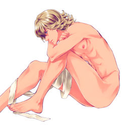Rule 34 | 10s, 1boy, bandages, barnaby brooks jr., blonde hair, green eyes, highres, male focus, mikuni saho, no eyewear, nude, simple background, sitting, solo, tiger &amp; bunny, white background