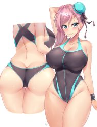 Rule 34 | 1girl, arm at side, arm up, ass, back, bare back, bare shoulders, black one-piece swimsuit, black ribbon, blue eyes, blush, breasts, bun cover, butt crack, cleavage, closed mouth, collarbone, colored eyelashes, competition swimsuit, covered navel, cropped legs, cropped torso, fate/grand order, fate (series), groin, hair between eyes, hair ribbon, halterneck, highres, kuavera, large breasts, legs together, long hair, looking at viewer, miyamoto musashi (fate), miyamoto musashi (swimsuit berserker) (first ascension) (fate), multiple views, one-piece swimsuit, pink hair, plump, ribbon, signature, simple background, smile, standing, sweatband, swept bangs, swimsuit, thigh gap, thighs, white background