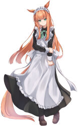 Rule 34 | 1girl, absurdres, alternate costume, animal ears, apron, black dress, bow, bowtie, brown footwear, dress, ear covers, enmaided, frilled apron, frills, full body, green bow, green bowtie, green eyes, highres, hime cut, horse ears, horse girl, horse tail, long hair, long sleeves, maid, maid apron, maid headdress, orange hair, pandoa (mikage0495), puffy sleeves, silence suzuka (umamusume), simple background, solo, tail, umamusume, waist apron, white apron, white background
