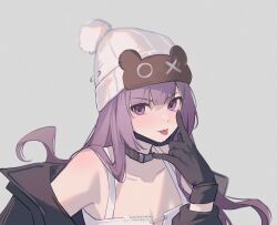 Rule 34 | 1girl, beanie, black choker, black gloves, black jacket, chinese commentary, choker, commentary request, dress, gloves, grey background, hat, hella (path to nowhere), jacket, long hair, looking at viewer, miix777, off shoulder, path to nowhere, purple eyes, purple hair, simple background, sleeveless, sleeveless dress, solo, tongue, tongue out, upper body, weibo watermark, white dress, white hat