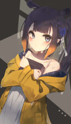 Rule 34 | 1girl, absurdres, alternate costume, ao-chan (ninomae ina&#039;nis), blue eyes, blunt bangs, blush, book, coat, collarbone, commentary, ememo, flower, grey background, hair flower, hair ornament, hair ribbon, highres, hololive, hololive english, mole, mole under eye, ninomae ina&#039;nis, hugging object, off shoulder, pointy ears, ponytail, purple hair, ribbon, shirt, sidelocks, solo, standing, symbol-only commentary, tentacle hair, upper body, virtual youtuber, white shirt, yellow coat