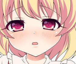 Rule 34 | 1girl, :o, bad id, bad twitter id, blonde hair, blush, close-up, flandre scarlet, haruki (colorful macaron), incoming kiss, looking at viewer, portrait, pov, red eyes, short hair, solo, touhou