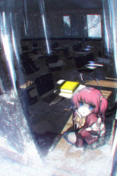 Rule 34 | 1girl, arm up, black thighhighs, blazer, blue eyes, book, bow, chair, classroom, desk, from above, jacket, lowres, outstretched arm, outstretched hand, pleated skirt, red hair, school, school uniform, shadow, short twintails, skirt, solo, sword girls, thighhighs, twintails, weekly daily, window