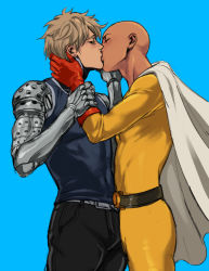 Rule 34 | 2boys, absurdres, bald, belt, black pants, black sclera, blonde hair, blue background, blue tank top, blush, bodysuit, cape, closed eyes, colored sclera, commentary, ctstudio (executional), curly hair, cyborg, earrings, english commentary, genos, gloves, hand on another&#039;s neck, highres, jewelry, kiss, male focus, mechanical arms, multiple boys, one-punch man, pants, prosthesis, prosthetic arm, red gloves, saitama (one-punch man), single mechanical arm, superhero costume, tank top, white cape, yaoi, yellow bodysuit, yellow eyes