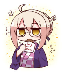 Rule 34 | 1girl, ahoge, artoria pendragon (all), artoria pendragon (fate), black-framed eyewear, blush, braid, brown eyes, checkered clothes, checkered kimono, covered mouth, cropped torso, fate/grand order, fate (series), flower, food, food on face, glasses, hair between eyes, hair bun, haori, holding, holding food, japanese clothes, kimono, light brown hair, looking at viewer, mysterious heroine x alter (fate), mysterious heroine x alter (traveling outfit) (fate), naga u, saber alter, semi-rimless eyewear, sidelocks, single hair bun, solo, translation request, under-rim eyewear, white flower