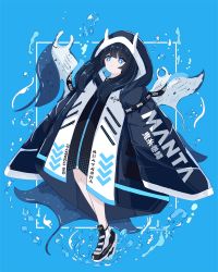 Rule 34 | 1girl, absurdres, air bubble, animal, animal hood, animal name, black footwear, black hair, black jacket, blue background, blue eyes, blue hair, blue jacket, bright pupils, bubble, closed mouth, colored inner hair, commentary, floating, full body, highres, hood, hood up, hooded jacket, jacket, long hair, long sleeves, manta ray, melonbread, multicolored hair, original, pale skin, shoes, simple background, sleeves past fingers, sleeves past wrists, sneakers, solo, streaked hair, translation request, twitter username, white background, white footwear, white jacket, white pupils, wide sleeves, zipper