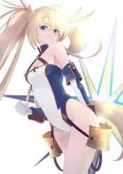 Rule 34 | 1girl, ahoge, armor, bare shoulders, blonde hair, blue eyes, blue gloves, blue leotard, bradamante (fate), bradamante (first ascension) (fate), braid, breasts, cleavage, commentary request, crown braid, detached sleeves, elbow gloves, energy barrier, energy shield, fate/grand order, fate (series), faulds, gloves, highleg, highleg leotard, highres, leotard, long hair, looking at viewer, manjirou (manji illust), medium breasts, sidelocks, simple background, smile, solo, thighs, twintails, two-tone gloves, two-tone leotard, very long hair, white background, white gloves, white leotard