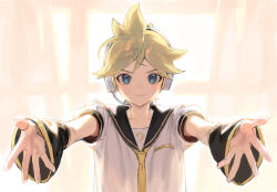Rule 34 | 1boy, arm warmers, backlighting, bass clef, black collar, blonde hair, blue eyes, collar, commentary, curtains, headphones, incoming hug, kagamine len, looking at viewer, male focus, naoko (naonocoto), necktie, outstretched arms, reaching, reaching towards viewer, sailor collar, school uniform, shirt, short sleeves, smile, solo, spiked hair, upper body, vocaloid, white shirt, window, yellow necktie