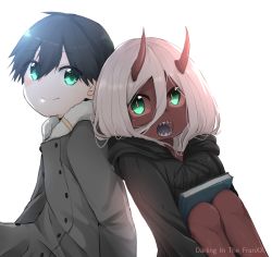 Rule 34 | 10s, 1boy, 1girl, aqua eyes, black hair, book, coat, colored skin, darling in the franxx, hiro (darling in the franxx), horns, long sleeves, oni, open mouth, pink hair, red skin, robe, sharp teeth, simple background, sitting, smile, surato, teeth, white background, zero two (darling in the franxx)