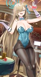 Rule 34 | 1girl, animal ears, asuna (blue archive), asuna (bunny) (blue archive), black pantyhose, blue archive, blue bow, blue bowtie, blue eyes, blue halo, blue leotard, blue ribbon, bow, bowtie, breasts, card, cleavage, coin, covered navel, cup, detached collar, dice, eyes visible through hair, fake animal ears, feet out of frame, gloves, hair over one eye, hair ribbon, halo, highres, holding, holding tray, indoors, large breasts, leotard, light brown hair, long hair, official alternate costume, open mouth, pantyhose, rabbit ears, ribbon, ryoma (rym 369), smile, solo, strapless, strapless leotard, tray, white gloves