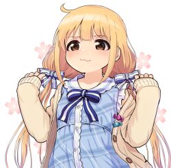Rule 34 | 1girl, :3, blonde hair, blue bow, blue bowtie, blue dress, blue ribbon, blush, bow, bowtie, brown eyes, candy, cardigan, closed mouth, commentary, cowlick, dress, duplicate, floral background, flower, food, futaba anzu, hair ribbon, idolmaster, idolmaster cinderella girls, kamille (vcx68), long hair, looking at viewer, low twintails, open cardigan, open clothes, redrawn, ribbon, sleeves past wrists, smile, solo, standing, striped ribbon, twintails, w arms, white background, wrapped candy, yellow cardigan