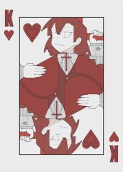 Rule 34 | 1girl, bolos, braid, cape, capelet, card, cross, heart, holding, holding cross, king (playing card), king of hearts (playing card), long hair, long sleeves, okazaki yumemi, playing card, red eyes, red hair, red vest, shirt, striped clothes, striped shirt, touhou, touhou (pc-98), vest