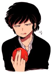 Rule 34 | 1boy, apple, collarbone, eating, food, from side, fruit, half-closed eyes, highres, juice, licking lips, looking at food, male focus, moroboshi ataru, nai0524, simple background, solo, tongue, tongue out, urusei yatsura, white background, yonic symbol