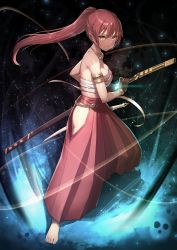 Rule 34 | 1girl, absurdres, armlet, bare shoulders, barefoot, breasts, brown eyes, brown gloves, cleavage, commission, dungeon and fighter, feet, fighting stance, full body, glint, gloves, hakama, hakama skirt, hand on hilt, high ponytail, highres, hip vent, ichihachiyon, japanese clothes, jewelry, medium breasts, midriff, necklace, ootachi, pixiv commission, ponytail, red hair, red skirt, sarashi, sheath, skindentation, skirt, solo, standing, sweat, toes, unsheathing