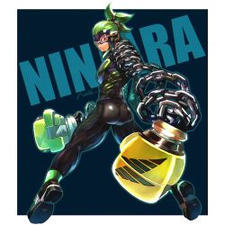 Rule 34 | 1boy, arms (game), ass, bad id, bad twitter id, blue background, boxing gloves, chain, character name, closed mouth, full body, goggles, green hair, highres, looking at viewer, ninja, ninjara (arms), nintendo, nkraae, orange eyes, ponytail, short hair, signature, simple background, sparky (arms)