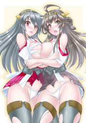 Rule 34 | 10s, 2girls, ahoge, black hair, blush, boots, braid, breast press, breasts, brown hair, detached sleeves, green eyes, hairband, haruna (kancolle), hug, japanese clothes, kantai collection, kongou (kancolle), large breasts, long hair, md5 mismatch, miniskirt, multiple girls, nekoi hikaru, nontraditional miko, open mouth, panties, personification, red eyes, resolution mismatch, siblings, sisters, skirt, source smaller, symmetrical docking, thigh boots, thighhighs, torn clothes, underwear