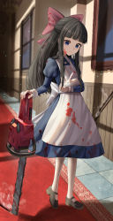 Rule 34 | absurdres, animal, apron, aya drevis, black hair, blood, blood on clothes, blood on face, blue dress, blue eyes, blunt bangs, bow, carrying, chainsaw, dress, full body, hair bow, half updo, hallway, highres, holding, holding animal, holding chainsaw, long hair, long sleeves, mad father, mary janes, medium dress, pantyhose, pink bow, power tool, puffy sleeves, rabbit, shoes, sidelocks, silvertsuki, smile, standing, white apron, white pantyhose