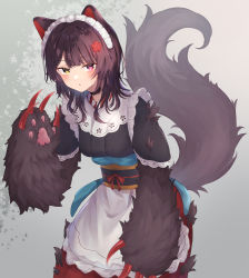Rule 34 | 1girl, absurdres, animal ears, animal hands, apron, black choker, black kimono, blush, breasts, brown hair, choker, claws, commentary request, cowboy shot, dog ears, dog girl, dog tail, flower, fur, hair flower, hair ornament, heterochromia, highres, inui toko, japanese clothes, kimono, long hair, looking at viewer, maid, maid headdress, medium breasts, nenehotoso, nijisanji, obi, parted lips, red eyes, red flower, red skirt, sash, short sleeves, skirt, solo, standing, tail, tail raised, virtual youtuber, wa maid, white apron, yellow eyes