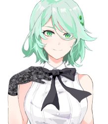 Rule 34 | 1girl, bare shoulders, black bow, black bowtie, black gloves, blouse, bow, bowtie, breasts, buttons, chinese commentary, closed mouth, collared shirt, commentary request, elle (revue starlight), floral print, gloves, green eyes, green hair, hair between eyes, hair ornament, hand up, looking at viewer, medium breasts, print gloves, rowan (kanonsecret), shirt, short hair, shoujo kageki revue starlight, shoujo kageki revue starlight -re live-, simple background, sleeveless, sleeveless shirt, smile, solo, swept bangs, upper body, white background, white shirt