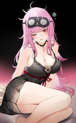 Rule 34 | 1girl, absurdres, bare legs, bare shoulders, barefoot, black choker, black nightgown, blush, breasts, choker, cleavage, commentary, earrings, feet out of frame, highres, hololive, hololive english, jewelry, large breasts, long hair, looking at viewer, messy hair, mori calliope, mori calliope (sleepwear), nightgown, official alternate costume, one eye closed, open mouth, pink hair, red eyes, red ribbon, ribbon, skull earrings, sleep mask, solo, teeth, upper teeth only, virtual youtuber, zeragoes