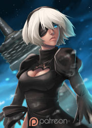 Rule 34 | 1girl, 2b (nier:automata), bankage, black dress, blindfold, blue eyes, breasts, cleavage, cleavage cutout, clothing cutout, dress, eyepatch, hairband, lips, making-of available, medium breasts, mole, mole under mouth, nier:automata, nier (series), night, night sky, nose, one eye covered, over shoulder, patreon, short hair, silver hair, sky, solo, upper body, watermark, weapon, weapon over shoulder