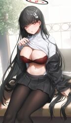 Rule 34 | 1girl, black hair, black jacket, black pantyhose, black skirt, black suit, blue archive, blunt bangs, bra, breasts, bright pupils, cleavage, clothes lift, formal, gijang, hair behind ear, hair ornament, hairclip, halo, hand up, highres, jacket, lace, lace-trimmed bra, lace trim, large breasts, lifting own clothes, long hair, long sleeves, looking at viewer, midriff, miniskirt, navel, off shoulder, open clothes, open jacket, pantyhose, parted lips, pleated skirt, red bra, red eyes, ribbed sweater, rio (blue archive), sitting, skirt, solo, stomach, suit, sweater, sweater lift, thighs, turtleneck, turtleneck sweater, underwear, very long hair, white pupils, white sweater