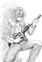 Rule 34 | 1boy, chinese commentary, closed mouth, commentary request, fur-trimmed jacket, fur trim, greyscale, gun, hair between eyes, highres, holding, holding gun, holding weapon, isoi reiji, jacket, long sleeves, male focus, monochrome, open clothes, open jacket, pants, saibou shinkyoku, shirt, short hair, solo, tsukitsukiya, weapon