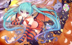 Rule 34 | 1girl, aqua hair, bat (animal), candy, demon tail, demon wings, elbow gloves, food, gloves, halloween, hatsune miku, highres, jack-o&#039;-lantern, long hair, papino, pink eyes, skirt, solo, striped clothes, striped gloves, striped thighhighs, tail, thighhighs, twintails, very long hair, vocaloid, wings