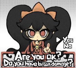 Rule 34 | 1girl, arm behind back, ashley (warioware), big hair, black hair, choice, commentary, dialogue box, dress, english text, hairband, inawon, long hair, long sleeves, looking at viewer, lowres, neckerchief, nintendo, pointing, pointing at viewer, red dress, red eyes, solo, symbol-only commentary, twintails, warioware, white background