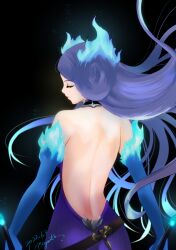Rule 34 | 1girl, 2022, artist name, back, backless dress, backless outfit, bare shoulders, blue dress, blue gloves, brighid (xenoblade), closed eyes, closed mouth, dated, dress, dual wielding, elbow gloves, gloves, highres, holding, holding sword, holding weapon, long hair, nayuta-kanata, signature, solo, sword, weapon, xenoblade chronicles (series), xenoblade chronicles 2