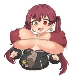 Rule 34 | 1boy, 1girl, basukechi, bikini, bikini top only, black hoodie, blush, bouncing breasts, breasts, covered erect nipples, disembodied hand, earrings, heart, heart earrings, heterochromia, hololive, holomyth, hood, hoodie, houshou marine, huge breasts, jewelry, long sleeves, open clothes, open mouth, red bikini, red eyes, red hair, simple background, smile, swimsuit, twintails, upper body, virtual youtuber, white background, yellow eyes