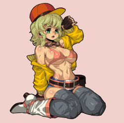 Rule 34 | 1girl, absurdres, bare shoulders, baseball cap, belt, bikini, bikini top only, black thighhighs, blonde hair, blue shorts, boots, breasts, cidney aurum, cleavage, cropped jacket, fengmo, final fantasy, final fantasy xv, fingerless gloves, gloves, goggles, goggles around neck, green eyes, hat, high heel boots, high heels, highres, jacket, large breasts, navel, off shoulder, open mouth, pink background, pink bikini, red hat, short shorts, shorts, simple background, sitting, swimsuit, thighhighs, thighhighs under boots, underboob, wariza, white footwear, wiping forehead, yellow jacket