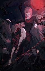 Rule 34 | 1girl, bird, blood, blood on face, blood on hands, braid, chain, chainsaw man, crow, female focus, flower, full body, highres, looking at viewer, makima (chainsaw man), moon, pale skin, pink hair, red moon, sitting, skull, solo, yan ge, yellow eyes