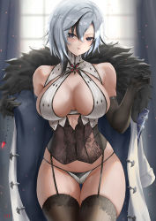 Rule 34 | 1girl, arlecchino (genshin impact), bare shoulders, black eyes, black gloves, black hair, black thighhighs, breasts, cleavage, coat, commentary, cowboy shot, curtains, cyicheng, elbow gloves, fur-trimmed coat, fur trim, garter straps, genshin impact, gloves, gluteal fold, grey hair, hair between eyes, hand up, indoors, large breasts, lingerie, looking at viewer, multicolored hair, open clothes, open coat, panties, parted lips, short hair, sideboob, sleeveless, solo, standing, streaked hair, thighhighs, thighs, underwear, white coat, white panties, window