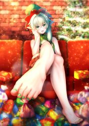 Rule 34 | 10s, 1girl, bare legs, barefoot, black bow, blush, bow, breasts, christmas, christmas ornaments, christmas tree, cleavage cutout, clothing cutout, crossed legs, elf, feet, foreshortening, gift, goblin slayer!, green eyes, green hair, green nails, hair bow, hand on own head, hat, high elf archer (goblin slayer!), highres, k.ty (amejin), legs, light particles, long hair, looking at viewer, nail polish, open mouth, pointy ears, shorts, sidelocks, sitting, sleeveless, small breasts, smile, solo, sparkle, toenail polish, toenails, toes