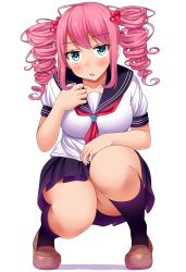 Rule 34 | 1girl, blue eyes, blush, breasts, collarbone, drill hair, female focus, hair ornament, large breasts, legs, long hair, looking at viewer, miniskirt, neri sachiko, original, pink hair, plump, school uniform, serafuku, shoes, simple background, skirt, solo, squatting, thick thighs, thighs, twintails, white background
