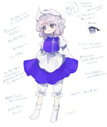 Rule 34 | 1girl, apron, bloomers, blue dress, blue vest, bobby socks, breasts, diagram, dress, full body, garan co, hat, highres, juliet sleeves, letty whiterock, long sleeves, medium breasts, no shoes, puffy sleeves, socks, standing, touhou, translation request, trident ornament, underwear, vest, waist apron